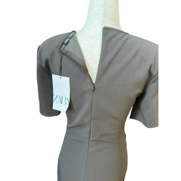 Zara Slate Brown Ruched Waist Short Sleeves Midi Dress, NWT, M - Picture 10 of 16